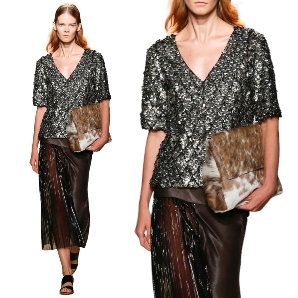 SALLY LAPOINTE 2016 Runway Metallic Beaded Paillette Short‎ Sleeve V-Neck Blouse